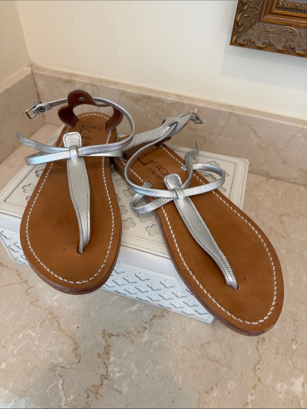 Women's Silver T-Strap Leather Sandals with Buckle